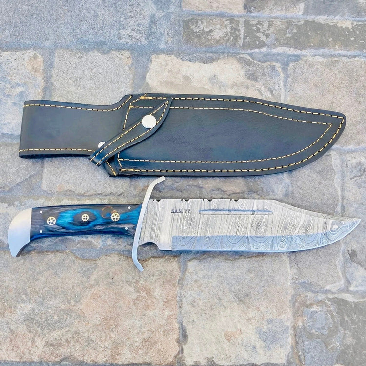 Sanity Jewelry Steel Jim Bowie - Damascus - Blue & Black - 14 inch - JBSC4